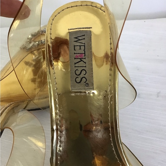 WETKISS WOMEN ELEGANT UNIQUE FORMAL GOLD TRANSPARENT TOP RHINESTONE HEELS SZ 9.5 - Picture 5 of 6